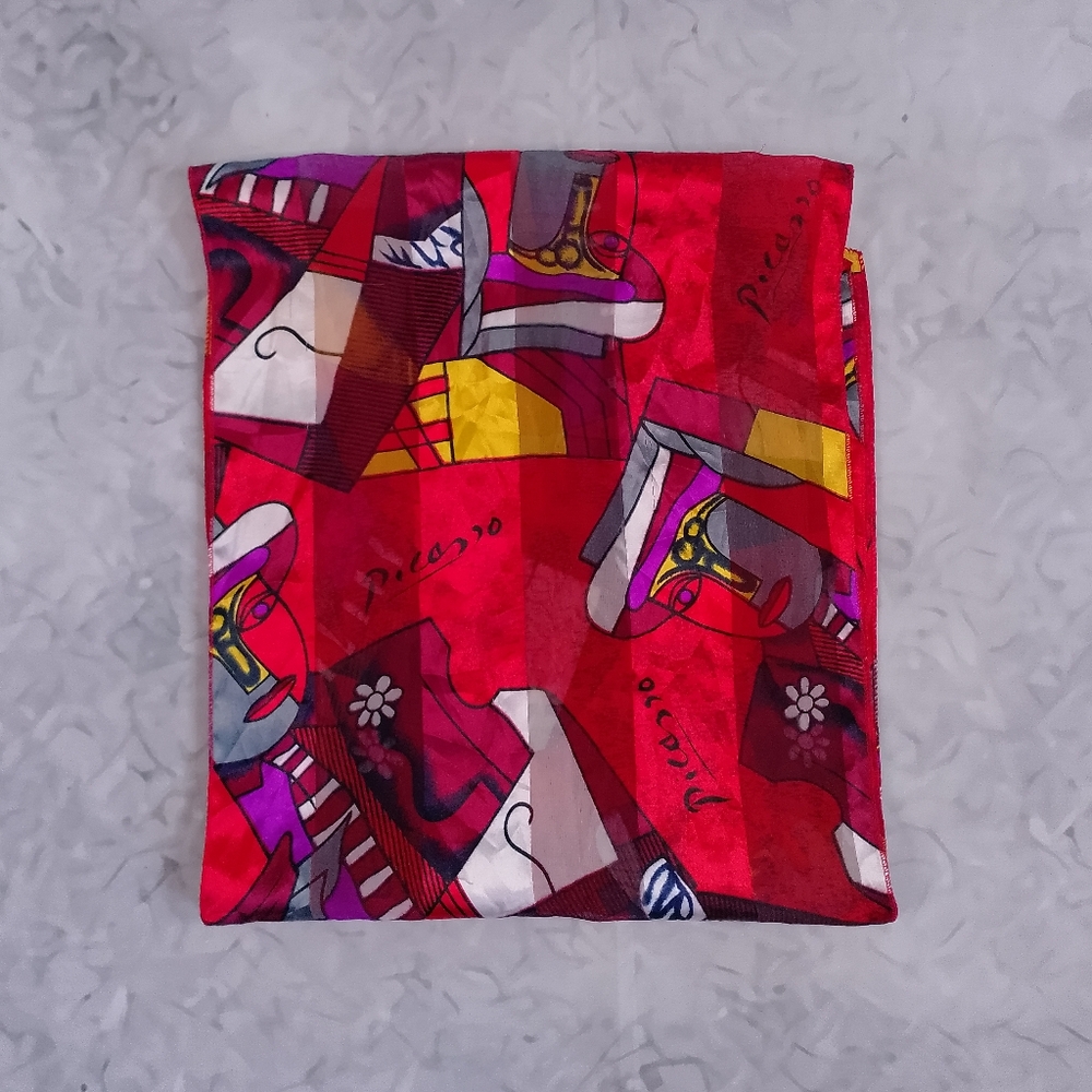 Vintage Picasso Abstract Silk Scarf Red 60x13 Artistic Retro Accessory - Picture 2 of 8